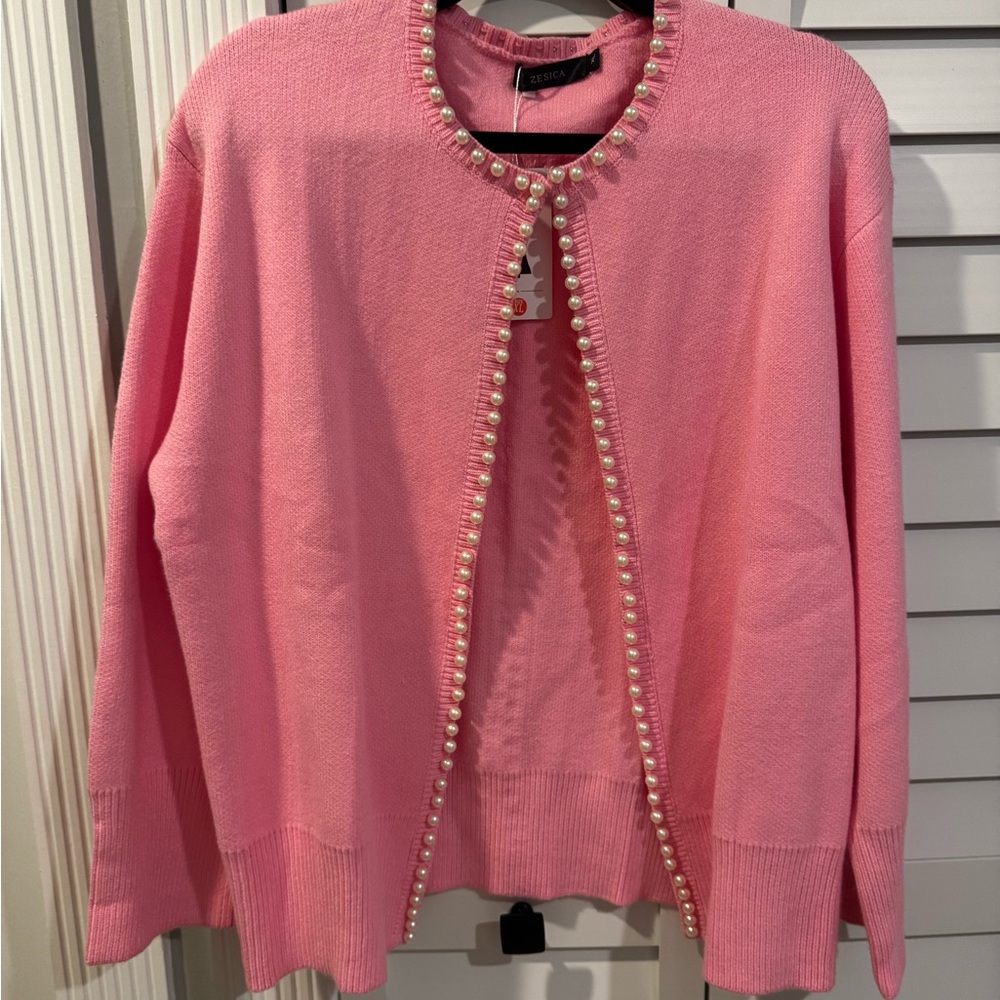 Pink Cardigan with Pearl Accents
